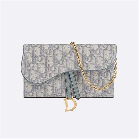 Long Saddle Wallet with Chain Gray Dior Oblique Jacquard 